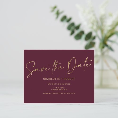 Elegant gold foil burgundy wedding save the date announcement postcard