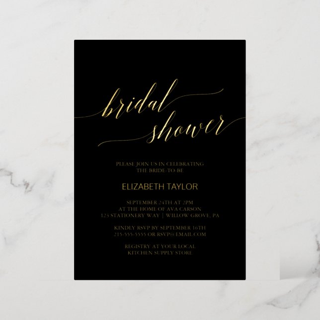 Elegant Gold Foil Calligraphy Black Bridal Shower Foil Invitation (Standing Front)