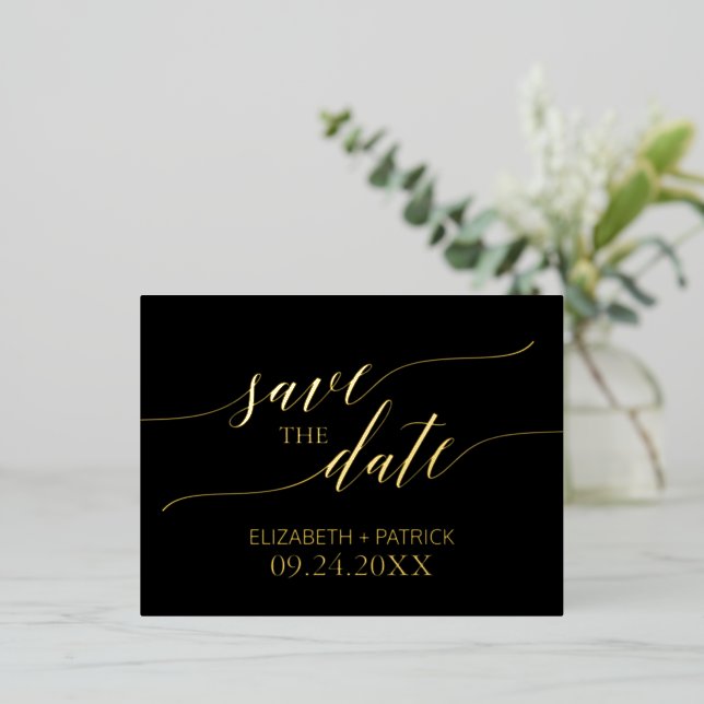 Elegant Gold Foil Calligraphy Black Save the Date Foil Invitation Postcard (Standing Front)