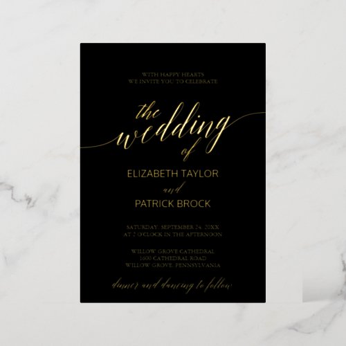 Elegant Gold Foil Calligraphy  Black Wedding Foil Invitation