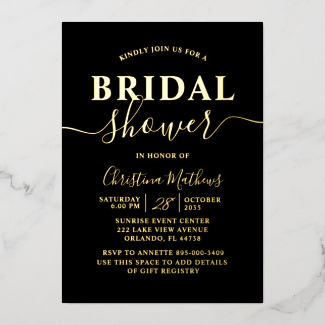 Elegant Gold Foil Calligraphy Bridal Shower Foil Invitation (Front)