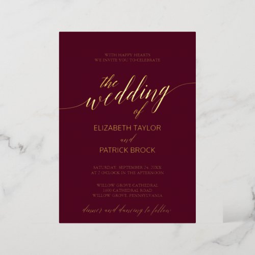 Elegant Gold Foil Calligraphy  Burgundy Wedding Foil Invitation