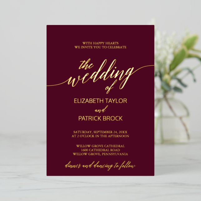 Elegant Gold Foil Calligraphy | Burgundy Wedding Foil Invitation (Standing Front)