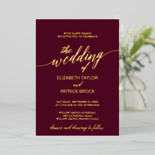 Elegant Gold Foil Calligraphy   Burgundy Wedding Invitation