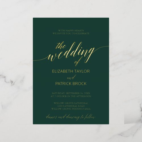 Elegant Gold Foil Calligraphy  Emerald Wedding Foil Invitation