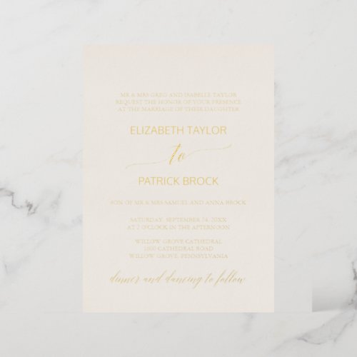 Elegant Gold Foil Calligraphy Ivory Formal Wedding Foil Invitation