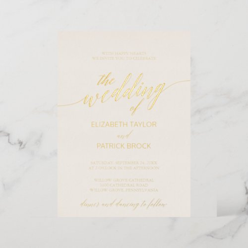 Elegant Gold Foil Calligraphy  Ivory Wedding Foil Invitation