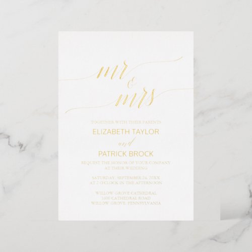 Elegant Gold Foil Calligraphy Mr  Mrs Wedding Foil Invitation