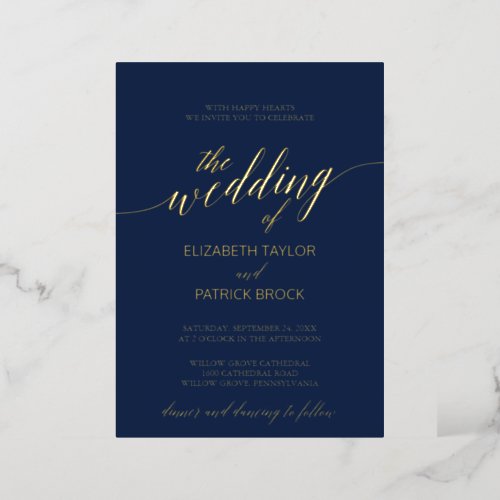 Elegant Gold Foil Calligraphy  Navy Blue Wedding Foil Invitation