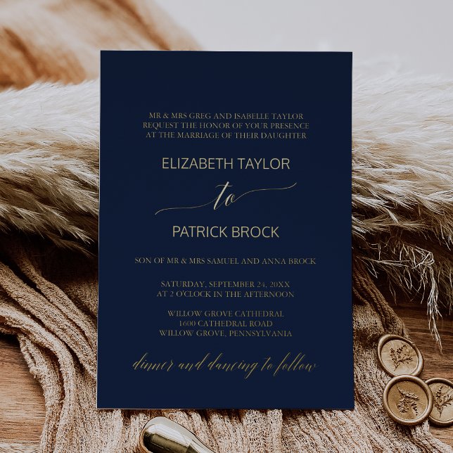 Elegant Gold Foil Calligraphy Navy Formal Wedding Foil Invitation (Creator Uploaded)