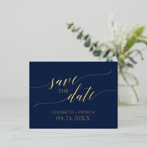 Elegant Gold Foil Calligraphy Navy Save the Date Foil Invitation Postcard