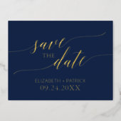 Elegant Gold Foil Calligraphy Navy Save the Date Foil Invitation Postcard (Front)