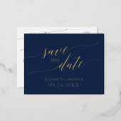 Elegant Gold Foil Calligraphy Navy Save the Date Foil Invitation Postcard (Front/Back)