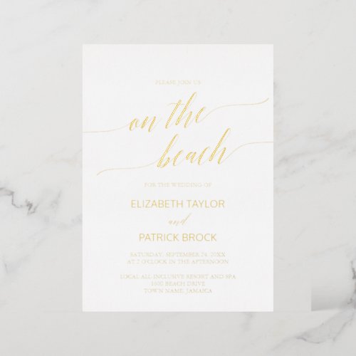 Elegant Gold Foil Calligraphy On The Beach Wedding Foil Invitation