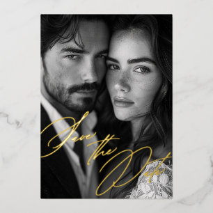 Elegant Gold Foil Calligraphy Photo Save the Date Invitation