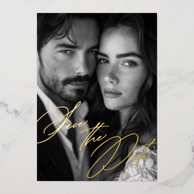 Elegant Gold Foil Calligraphy Photo Save the Date Invitation (Front)