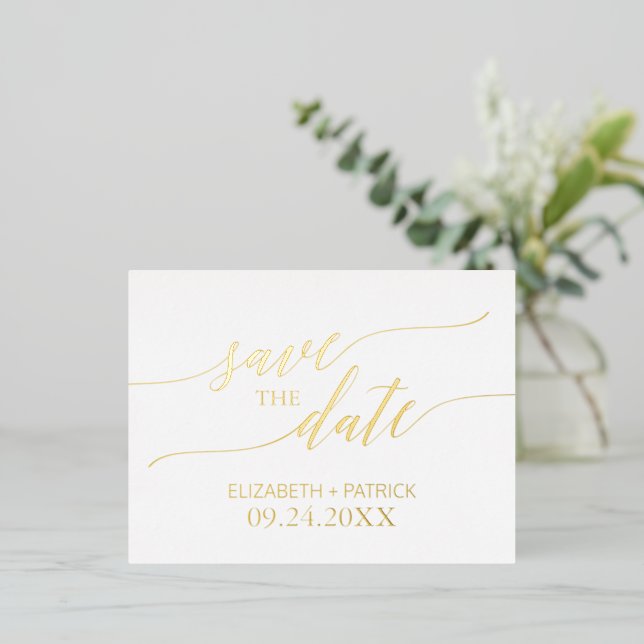 Elegant Gold Foil Calligraphy Save the Date Foil Invitation Postcard (Standing Front)