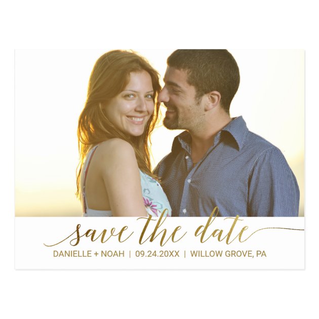 Elegant Gold Foil Calligraphy Save The Date Photo Postcard