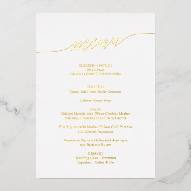 Elegant Gold Foil Calligraphy Wedding Dinner Menu Invitation (Front)