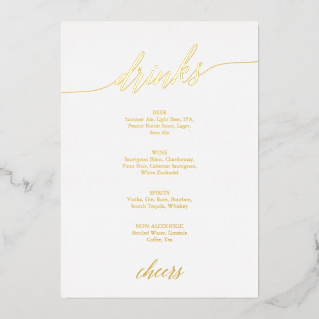 Elegant Gold Foil Calligraphy Wedding Drinks Menu Foil Invitation (Front)