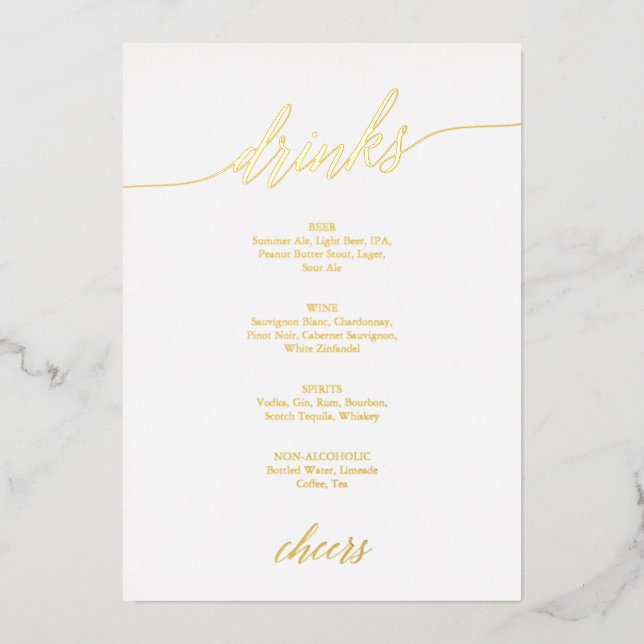 Elegant Gold Foil Calligraphy Wedding Drinks Menu Invitation (Front)
