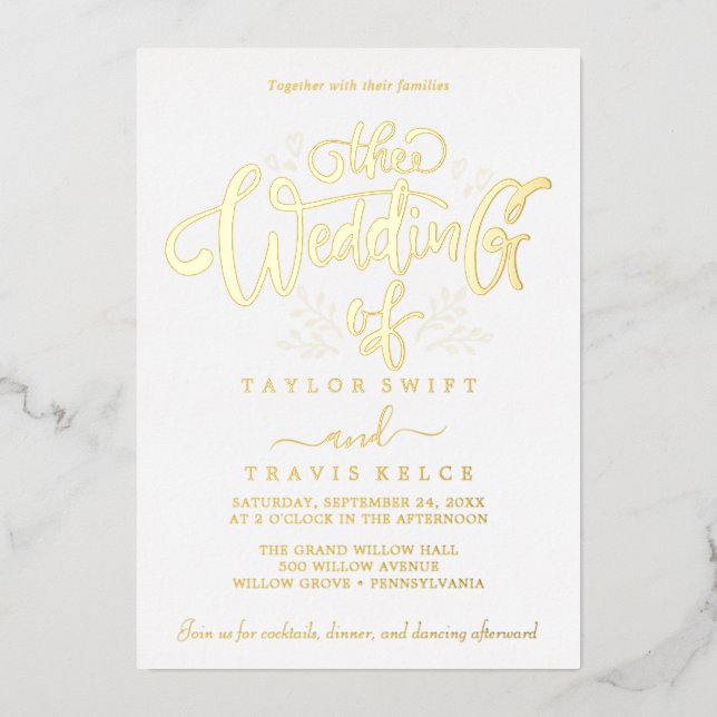Elegant Gold Foil Calligraphy Wedding  Invitation (Front)