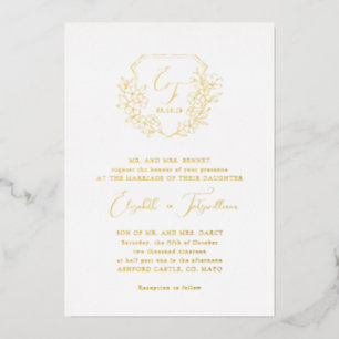 Elegant Gold Foil Cherry Blossoms Monogram Crest Foil Invitation