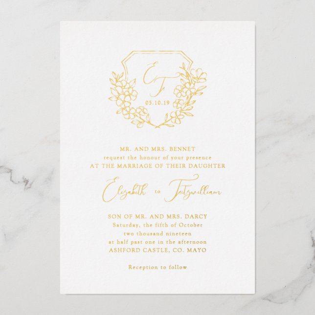 Elegant Gold Foil Cherry Blossoms Monogram Crest  Foil Invitation (Front)