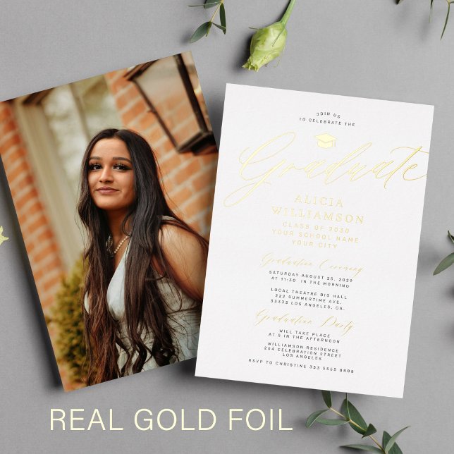 Elegant gold foil classic script photo graduation foil invitation (Creator Uploaded)