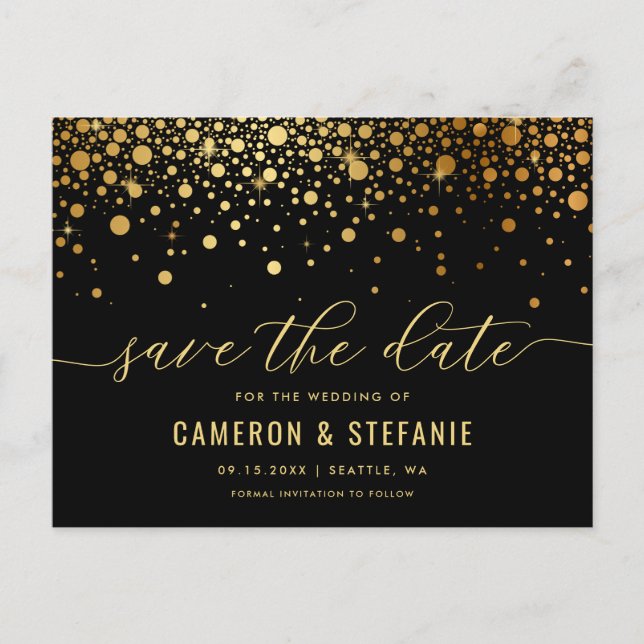 Elegant Gold Foil Confetti Black Save the Date Postcard (Front)