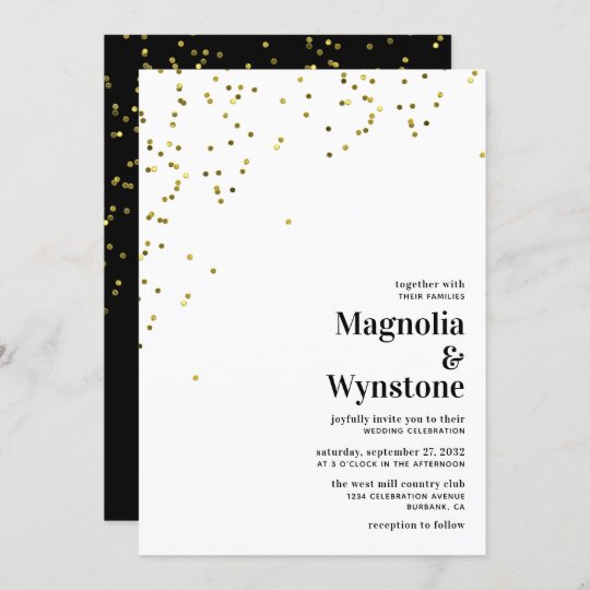 Elegant Gold Foil Confetti Black White Wedding Invitation | Zazzle.com