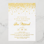 Elegant Gold Foil Confetti Dots Bar Mitzvah Foil Invitation<br><div class="desc">Invite guests with this customizable gold foil Bar Mitzvah invitation. It features gold foil confetti dots and an elegant script. Personalize this real gold foil Bar Mitzvah invitation by adding names, date, time and other event details. This modern gold foil Bar Mitzvah invitation is available in other background colors and...</div>