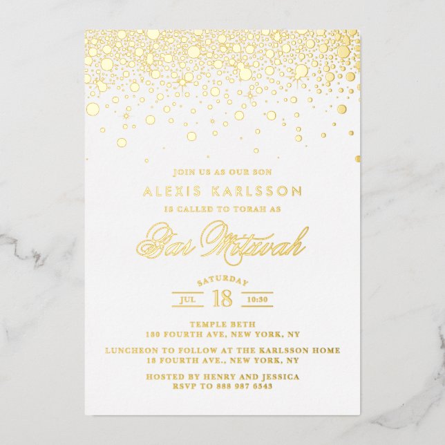Elegant Gold Foil Confetti Dots Bar Mitzvah Invitation (Front)