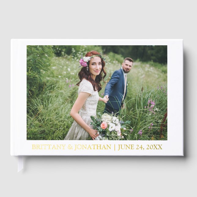 Elegant Gold Foil Couple Photo Wedding Guest Book (Front)