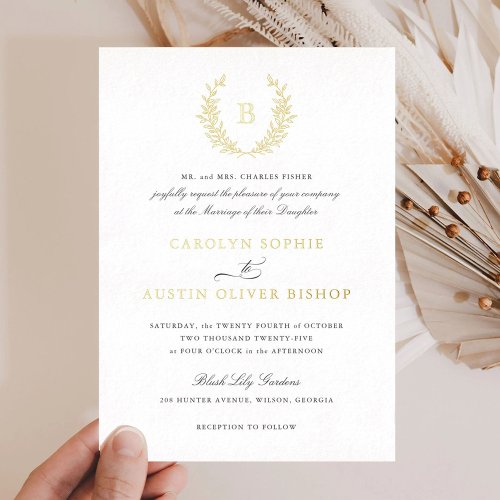 Elegant Gold Foil Crest Leaf Monogram Wedding Foil Invitation