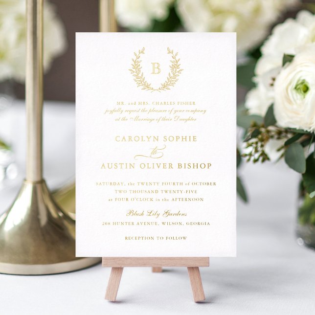 Elegant Gold Foil Crest Leaf Monogram Wedding Invitation (Creator Uploaded)