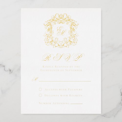 Elegant Gold Foil Crest Monogram Wedding RSVP Card