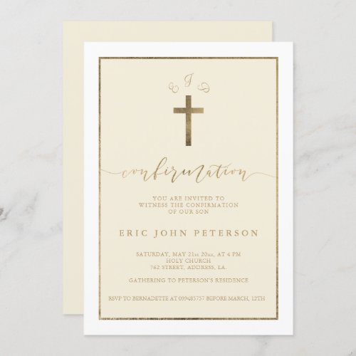 Elegant gold foil cross monogram confirmation invitation