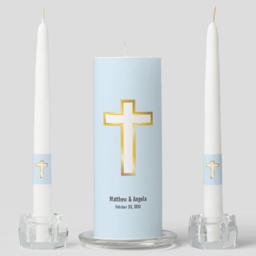 Elegant Gold Foil Cross On Blue Church Ceremony Unity Candle Set