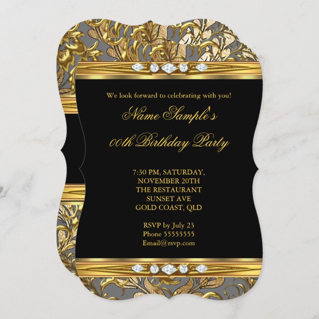 Elegant Gold Foil Damask Black Diamond Birthday 2 Invitation (Front/Back)