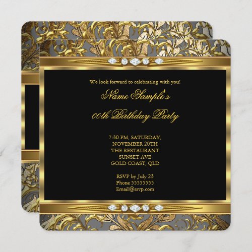 Elegant Gold Foil Damask Black Diamond Birthday 2 Invitation