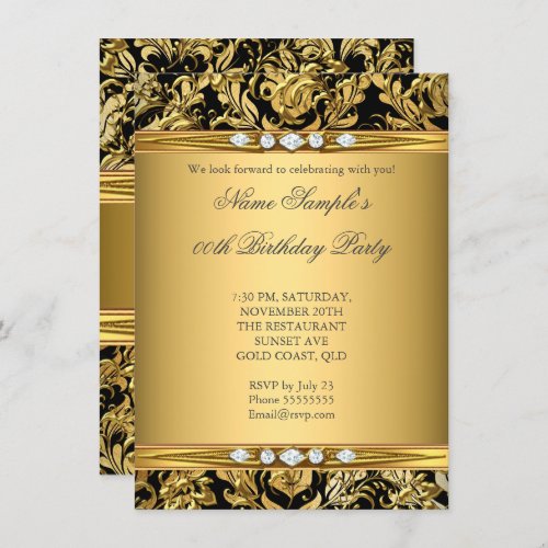 Elegant Gold Foil Damask Black Diamond Birthday Invitation