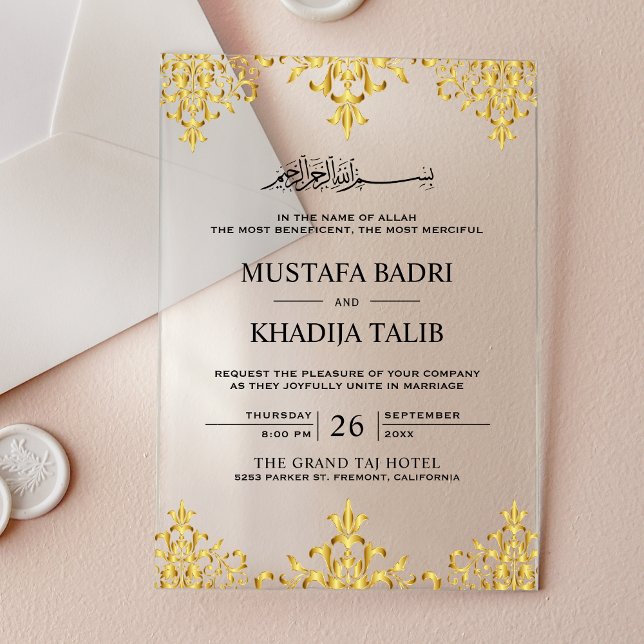 Elegant Gold Foil Damask Islamic Wedding Acrylic Invitations (Creator Uploaded)