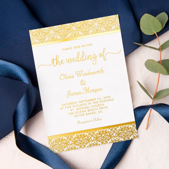 Elegant Gold Foil Damask White Wedding Invitation (Creator Uploaded)