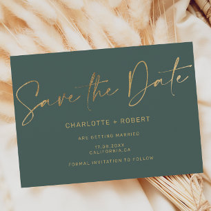 Elegant gold foil dark green wedding save the date announcement