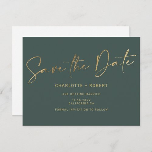 Elegant gold foil dark green wedding save the date announcement postcard