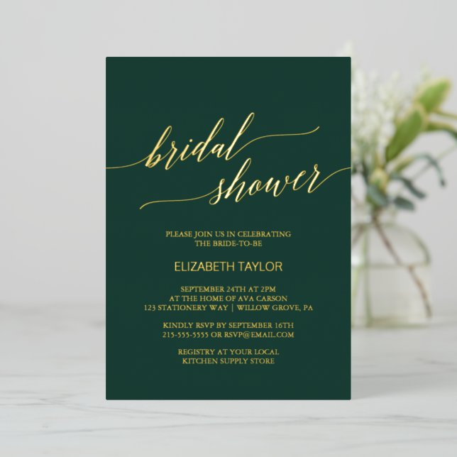 Elegant Gold Foil | Emerald Green Bridal Shower Foil Invitation (Standing Front)