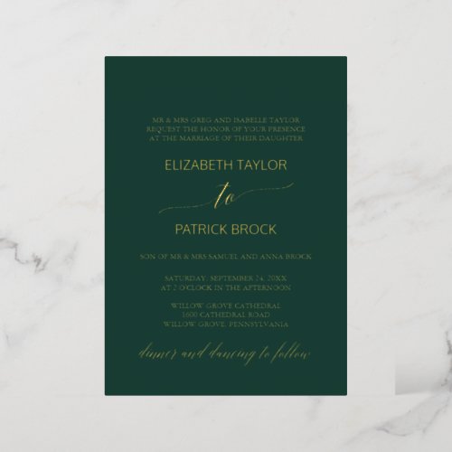 Elegant Gold Foil  Emerald Green Formal Wedding Foil Invitation