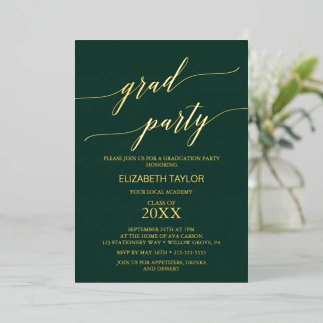 Elegant Gold Foil | Emerald Green Graduation Party Foil Invitation (Standing Front)