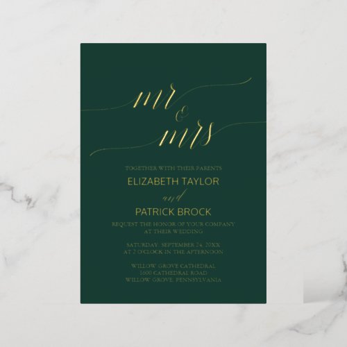 Elegant Gold Foil  Emerald Green Mr  Mrs Wedding Foil Invitation